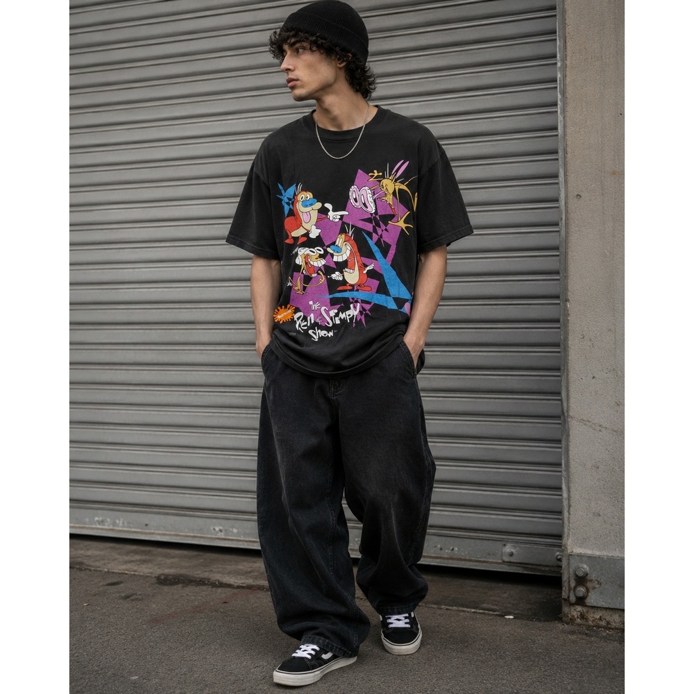 Ren &‎ Stimpy XL Black 90s VTG Nickelodeon Cartoon Single Stitch Streetwear Tee